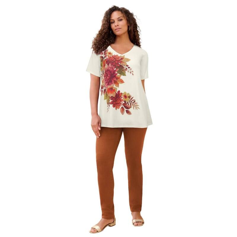ロアマンズ レディース トップス Tシャツ プラスサイズ Roamans Womens Plusize Ultimate Short Sleeve Swing Tee Ivory Floral Bouquet アイボリー