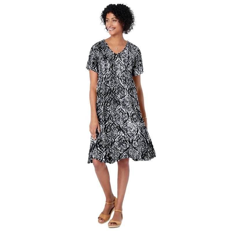 ウーマン ウィズイン レディース トップス ワンピース プラスサイズ Woman Within Plusize Short Crinkle Dress Black Ikat ブラック