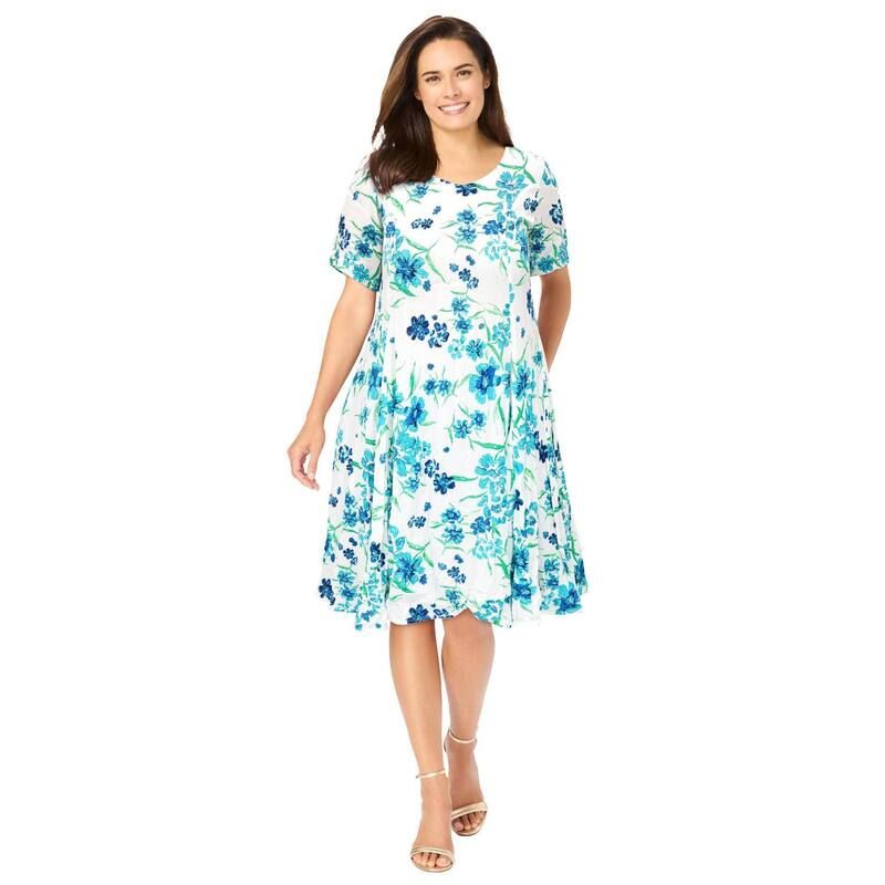 ウーマン ウィズイン レディース トップス ワンピース プラスサイズ Woman Within Plusize Short Crinkle Dress White Blue Floral ホワイト|詳細画像
