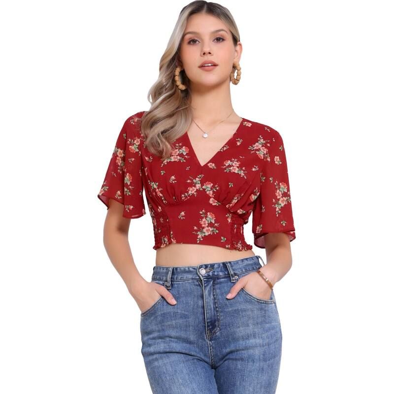 アレグラ ケー レディース トップス シャツ Vネック フラワー柄 シャーリング フラワー ALLEGRA K Womens Floral Flare Short Sleeve V Neck Smocked Crop Tops Red レッド