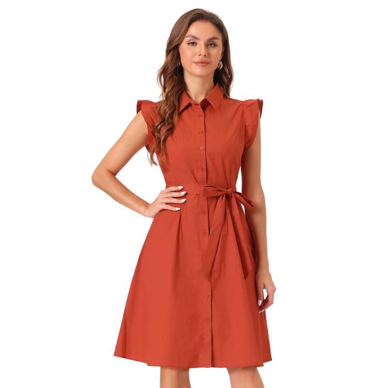 アレグラ ケー レディース トップス ワンピース ボタンダウン ひざ丈 フリル シャツ ダウン ALLEGRA K Womens Work Ruffled Sleeve Button Down Belted Knee Length Shirt Dress Bu