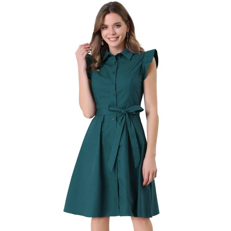アレグラ ケー レディース トップス ワンピース ボタンダウン ひざ丈 フリル シャツ ダウン ALLEGRA K Womens Work Ruffled Sleeve Button Down Belted Knee Length Shirt Dress Da