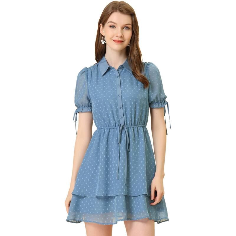 アレグラ ケー レディース トップス ワンピース ALLEGRA K Womens Collar Short Sleeve Drawstring Layeredress Grey Blue グレー