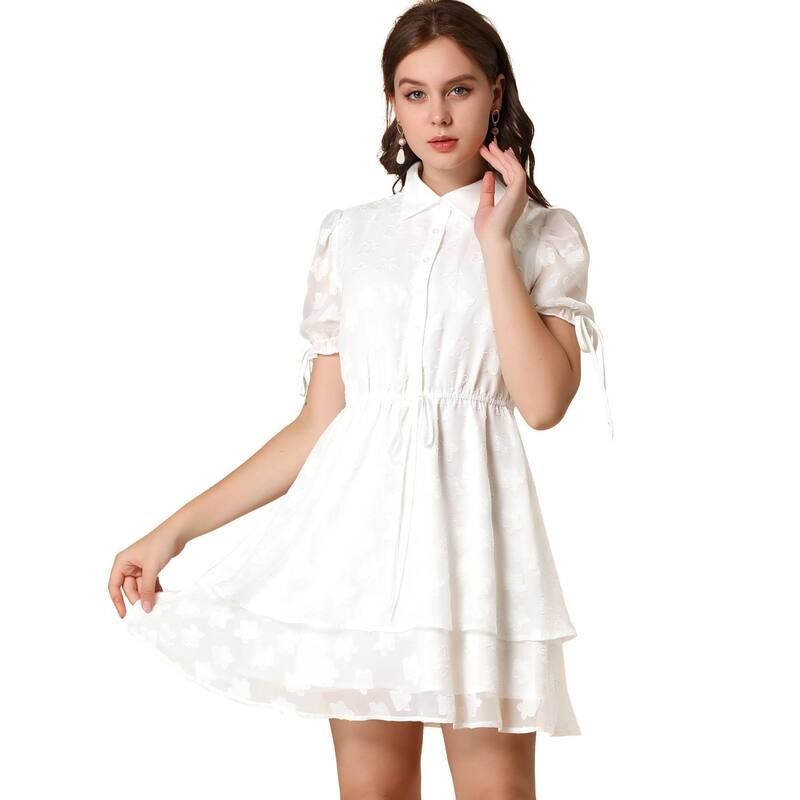 アレグラ ケー レディース トップス ワンピース ALLEGRA K Womens Collar Short Sleeve Drawstring Layeredress White ホワイト