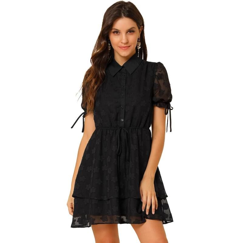 アレグラ ケー レディース トップス ワンピース ALLEGRA K Womens Collar Short Sleeve Drawstring Layeredress Black ブラック