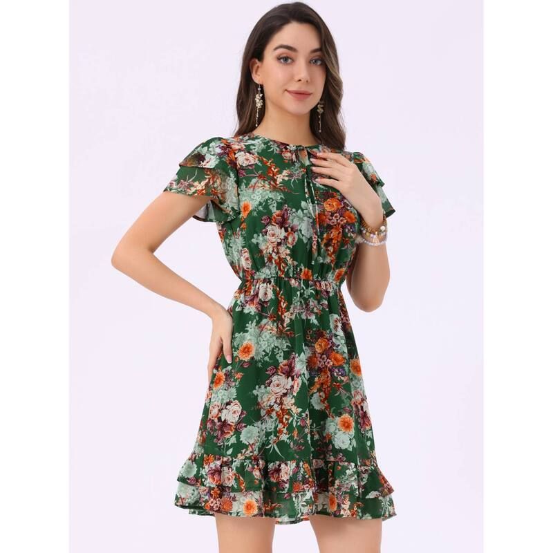 アレグラ ケー レディース トップス ワンピース Vネック シフォン フラワー柄 フリル フラワー ALLEGRA K Womens Ruffled Sleeve SelfTie V Neck Above Knee Chiffon Floral Ruffle