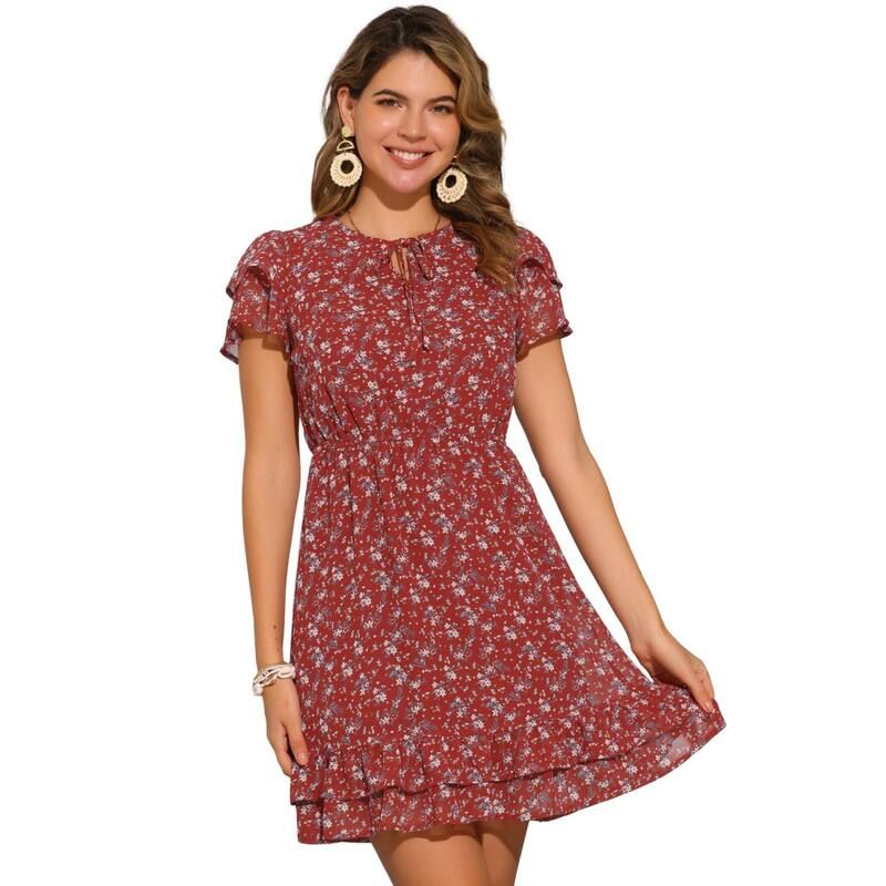 アレグラ ケー レディース トップス ワンピース Vネック シフォン フラワー柄 フリル フラワー ALLEGRA K Womens Ruffled Sleeve SelfTie V Neck Above Knee Chiffon Floral Ruffle