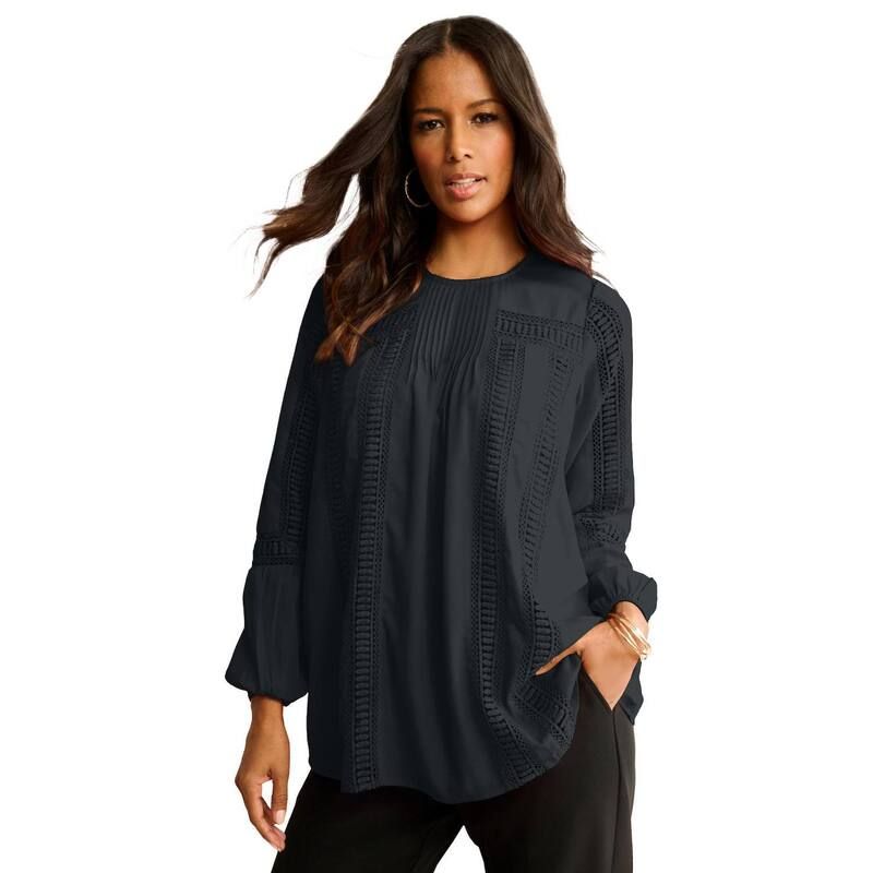 ロアマンズ レディース トップス シャツ プラスサイズ レース Roamans Womens Plusize LaceTrim BlousonSleeve Top Black ブラック