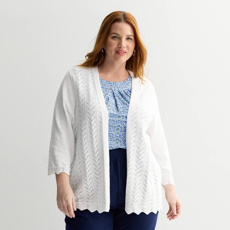 クロフト＆バロー レディース アウター ニット・セーター プラスサイズ カーディガン Plusize Croft Barrow Chevron Open Front Cardigan Bright White ホワイト