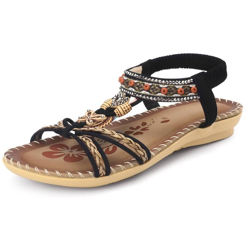 アレグラ ケー レディース シューズ サンダル アンクル ALLEGRA K Womens Rhinestone Knot Flat Bohemianklelastic Sandals Black ブラック