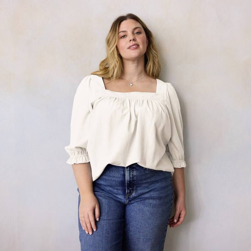 LC Lauren Conrad レディース トップス シャツ レーストリム プラスサイズ レース Plusize LC Lauren Conrad Lace Trim Henley Square Neck Peasantop Daisy Dew
