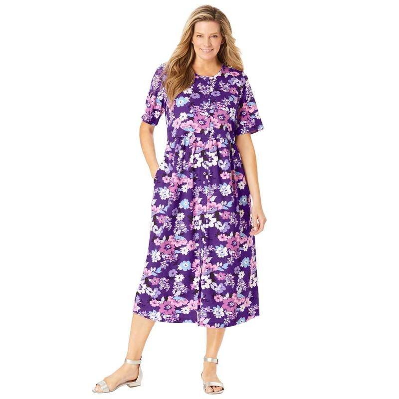 ウーマン ウィズイン レディース トップス ワンピース プラスサイズ プチ Woman Within Plusize Petite ButtonFront Essential Dress Purple Garden パープル
