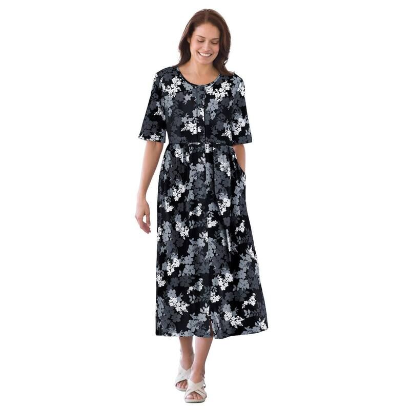 ウーマン ウィズイン レディース トップス ワンピース プラスサイズ プチ Woman Within Plusize Petite ButtonFront Essential Dress Black Graphic Bloom ブラック