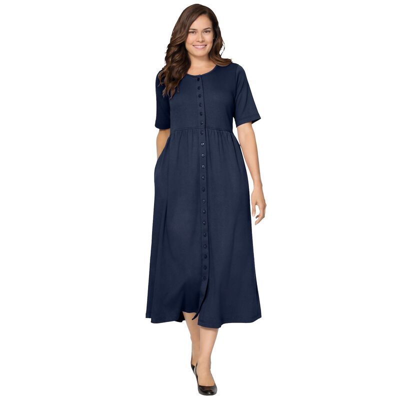 ウーマン ウィズイン レディース トップス ワンピース プラスサイズ プチ Woman Within Plusize Petite ButtonFront Essential Dress Navy ネイビー