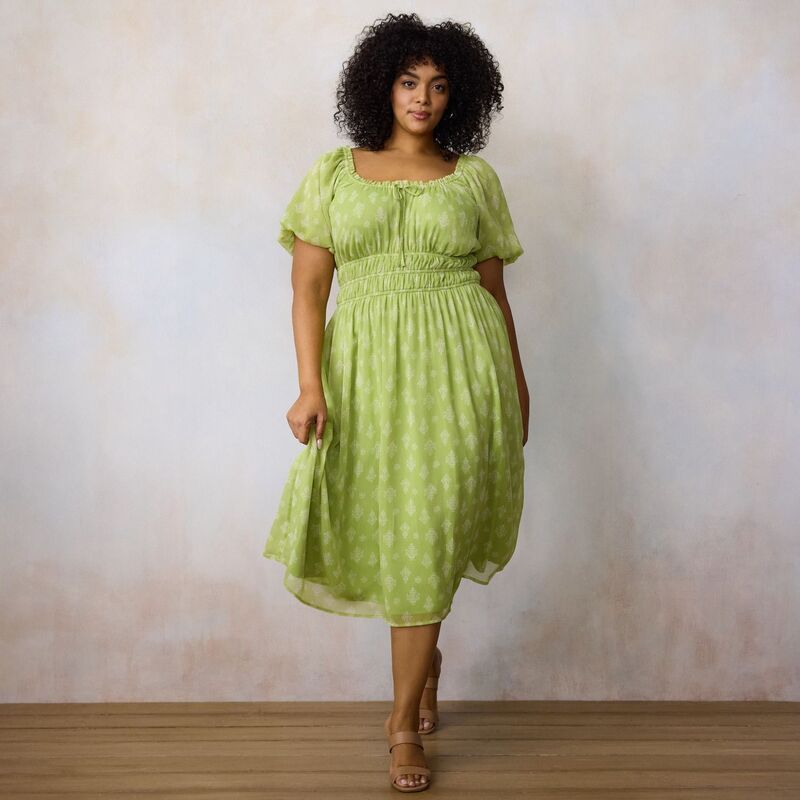 LC Lauren Conrad レディース トップス ワンピース プラスサイズ エンパイア マキシ Plusize LC Lauren Conrad Bubble Sleevempire Maxi Dress Green Payton Stamp グリーン