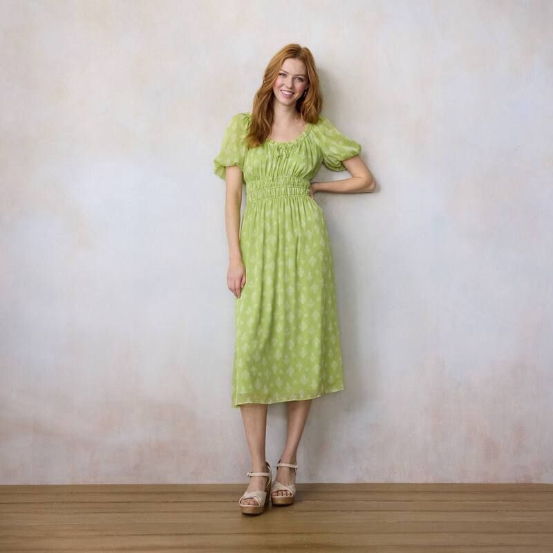 LC Lauren Conrad レディース トップス ワンピース プチ エンパイア マキシ Petite LC Lauren Conrad Bubble Sleevempire Maxi Dress Green Payton Stamp グリーン