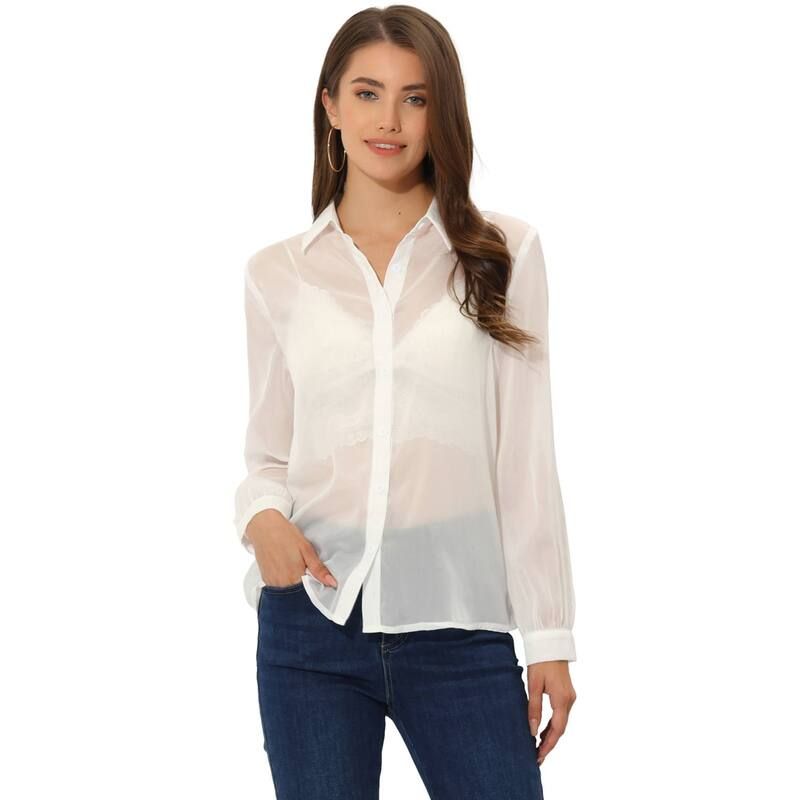 アレグラ ケー レディース トップス シャツ ボタンダウン メッシュ シアー ダウン ALLEGRA K Womens Mesheer Tops Point Collar Long Sleeve Button Down Shirt White ホワイト