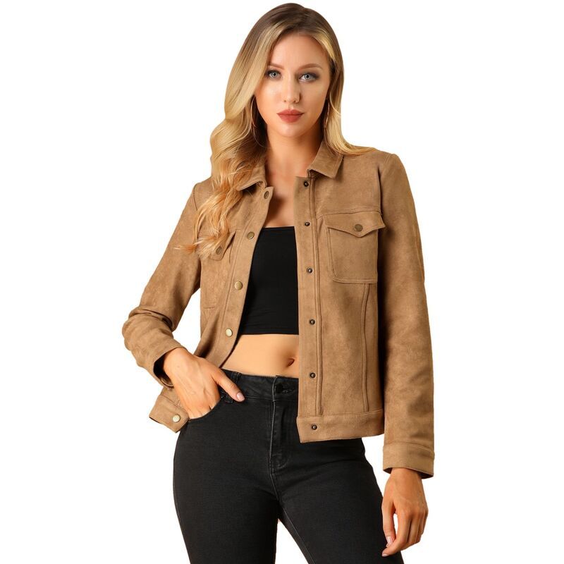 アレグラ ケー レディース アウター ジャケット・ブルゾン スエード ALLEGRA K Womens Jackets Long Sleeve Faux Suede Trucker Motorcycle Jacket Brown ブラウン
