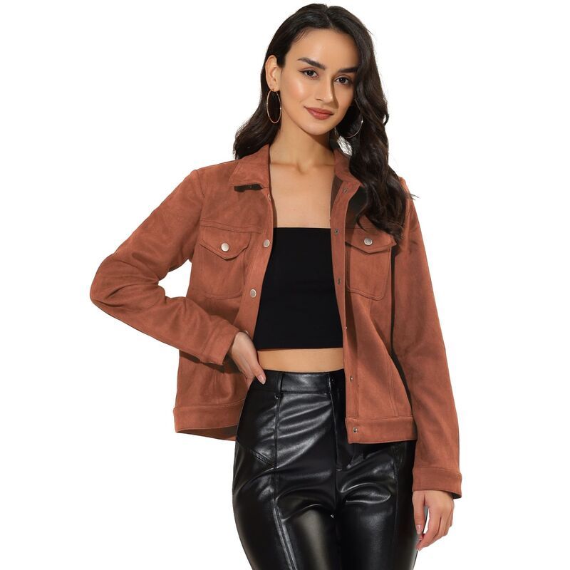アレグラ ケー レディース アウター ジャケット・ブルゾン スエード ALLEGRA K Womens Jackets Long Sleeve Faux Suede Trucker Motorcycle Jacket Caramel