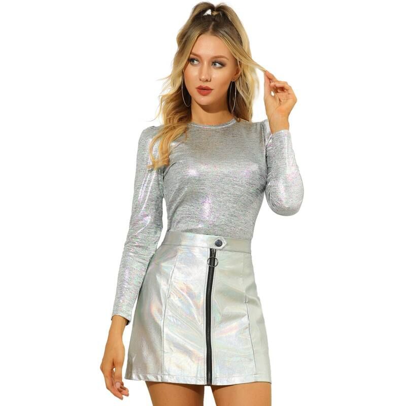 アレグラ ケー レディース トップス シャツ トール ALLEGRA K Womens Long Sleeve Sparkly Party Glitter Shiny Metallic Topshirt Silver シルバー