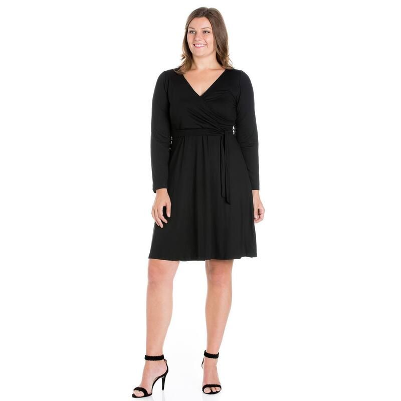 24 セブンコンフォート レディース トップス ワンピース Vネック プラスサイズ Plusize 24seven Comfort Apparel Chic VNeck Long Sleeve Beltedress Black ブラック