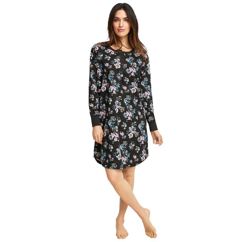 Ellos レディース アンダーウェア ナイトウェア プラスサイズ シャツ ellos Plusize Long Sleeve Henley Sleepshirt Black Multi Floral ブラック