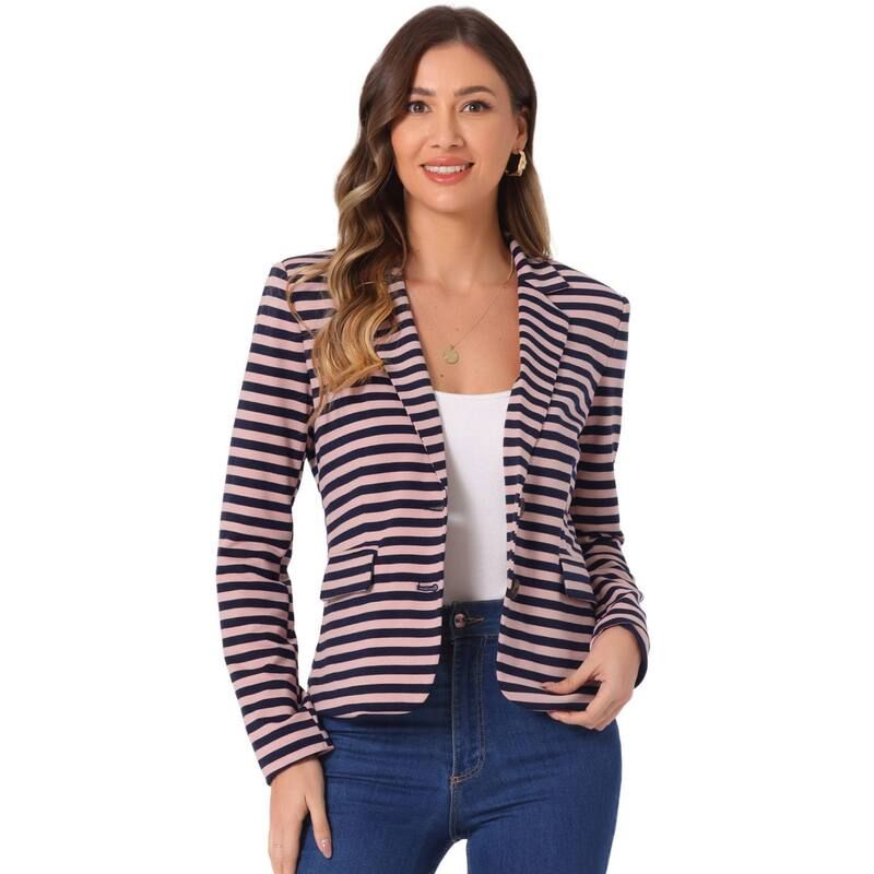 アレグラ ケー レディース アウター ジャケット・ブルゾン ブレザー ALLEGRA K Womens Notched Lapelong Sleeves Button Striped Blazer Navy Pink ネイビー