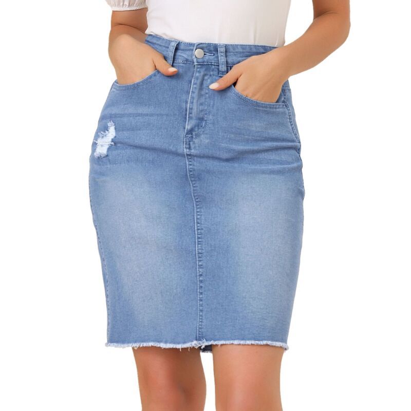アレグラ ケー レディース ボトムスカート ひざ丈 ハイウエスト デニム ALLEGRA K Womens Distressed High Waist Ripped Hem Knee Length Denim Skirt Sky Blue ブルー