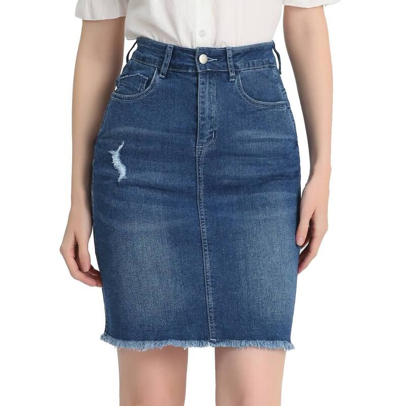 アレグラ ケー レディース ボトムスカート ひざ丈 ハイウエスト デニム ALLEGRA K Womens Distressed High Waist Ripped Hem Knee Length Denim Skirt Vintage Blue ブルー 11,610円
