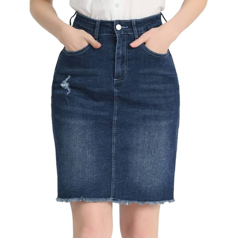 アレグラ ケー レディース ボトムスカート ひざ丈 ハイウエスト デニム ALLEGRA K Womens Distressed High Waist Ripped Hem Knee Length Denim Skirt Deep Blue ブルー