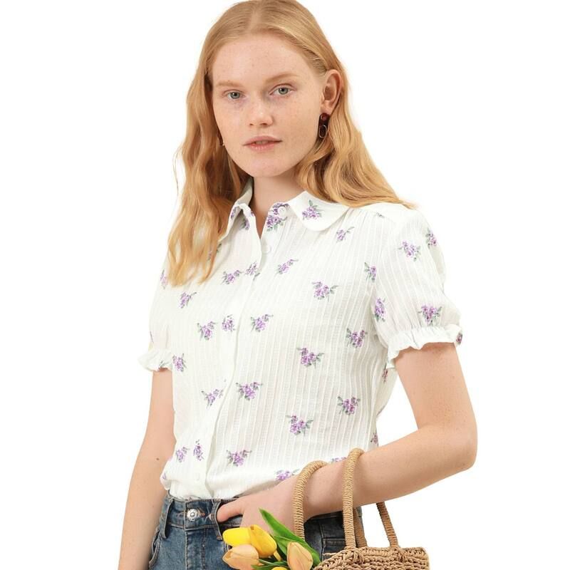 アレグラ ケー レディース トップス シャツ フラワー柄 コットン フラワー ALLEGRA K Womens Floral Topeter Pan Collar Cotton Short Sleeve Shirt White ホワイト