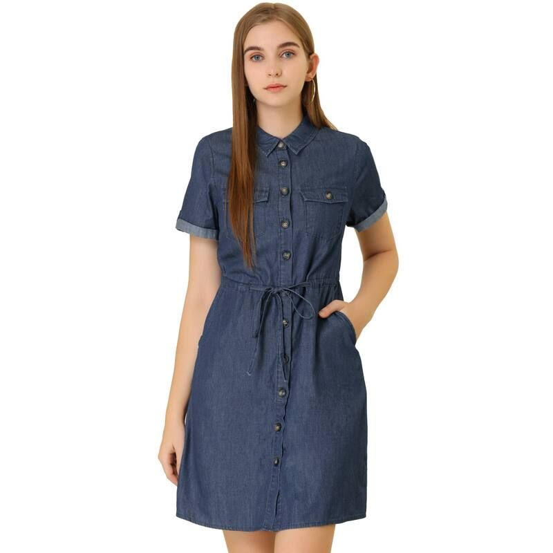アレグラ ケー レディース トップス ワンピース ALLEGRA K Womens Casual Button Front Summer Short Sleeve Dresses Medium Blue ブルー