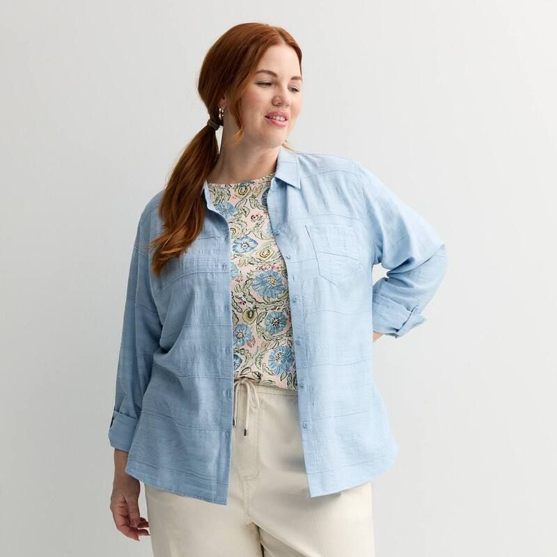 クロフト＆バロー レディース トップス シャツ ボタンダウン プラスサイズ ダウン ブラウス Plusize Croft Barrow Textured Button Down Collared Blouse Mysticreek