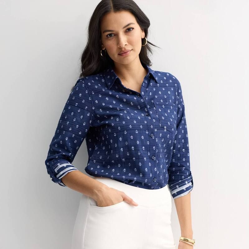 クロフト＆バロー レディース トップス シャツ プチ ブラウス Petite Croft Barrow Long Sleeve Collared Blouse Blue Stamp Grid ブルー