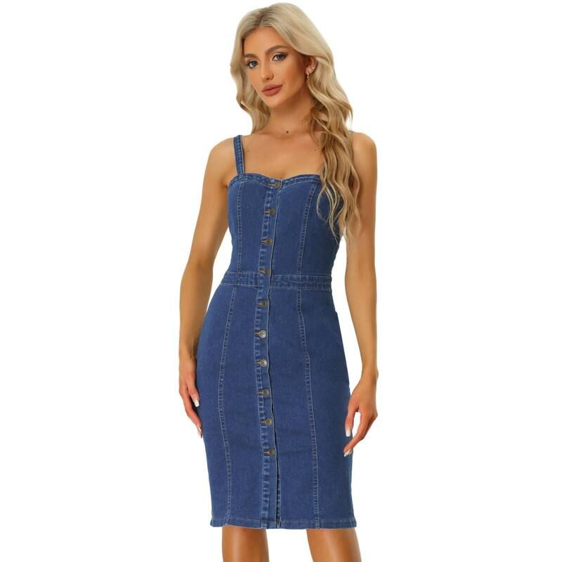 アレグラ ケー レディース トップス ワンピース ボタンダウン ノースリーブ ダウン デニム ALLEGRA K Button Down Denim Dress for Womensleevelessweetheart Neck Jean Dresses Bl