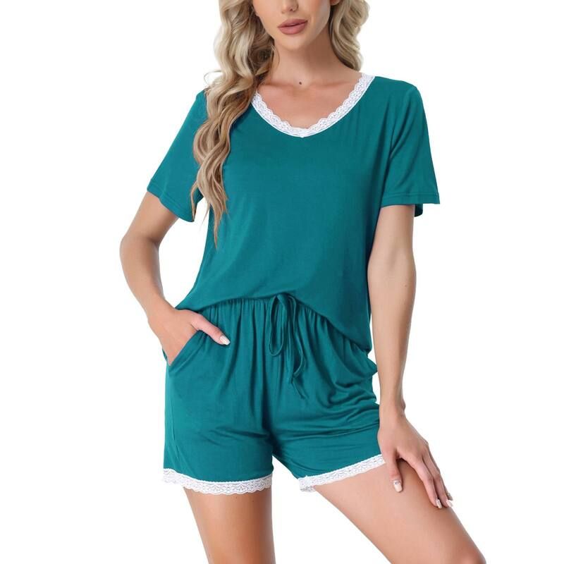 cheibear レディース アンダーウェア ナイトウェア ショートパンツ cheibear Womensleepwear Lounge Soft Nightwear With Pocketshortsleeve Pajama Set Peacock Gree