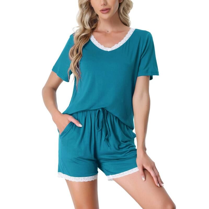 cheibear レディース アンダーウェア ナイトウェア ショートパンツ cheibear Womensleepwear Lounge Soft Nightwear With Pocketshortsleeve Pajama Set Peacoke Blue