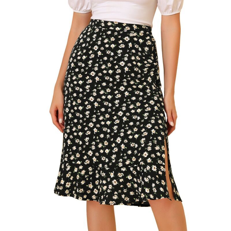 アレグラ ケー レディース ボトムスカート フリル裾 フラワー柄 プリント フリル ミディ フラワー ALLEGRA K Womens Floral Prints Ruffle Hem Elastic Waist Split Midi Skirt Black