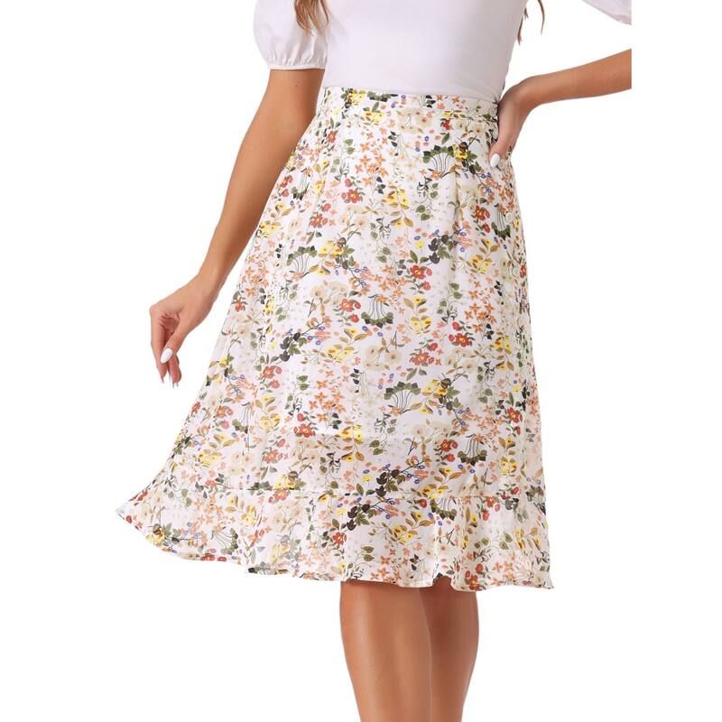 アレグラ ケー レディース ボトムスカート フリル裾 フラワー柄 プリント フリル ミディ フラワー ALLEGRA K Womens Floral Prints Ruffle Hem Elastic Waist Split Midi Skirt White