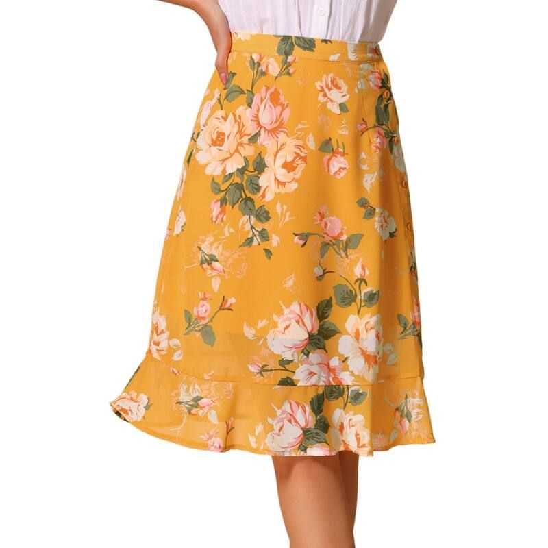 アレグラ ケー レディース ボトムスカート フリル裾 フラワー柄 プリント フリル ミディ フラワー ALLEGRA K Womens Floral Prints Ruffle Hem Elastic Waist Split Midi Skirt Yellow