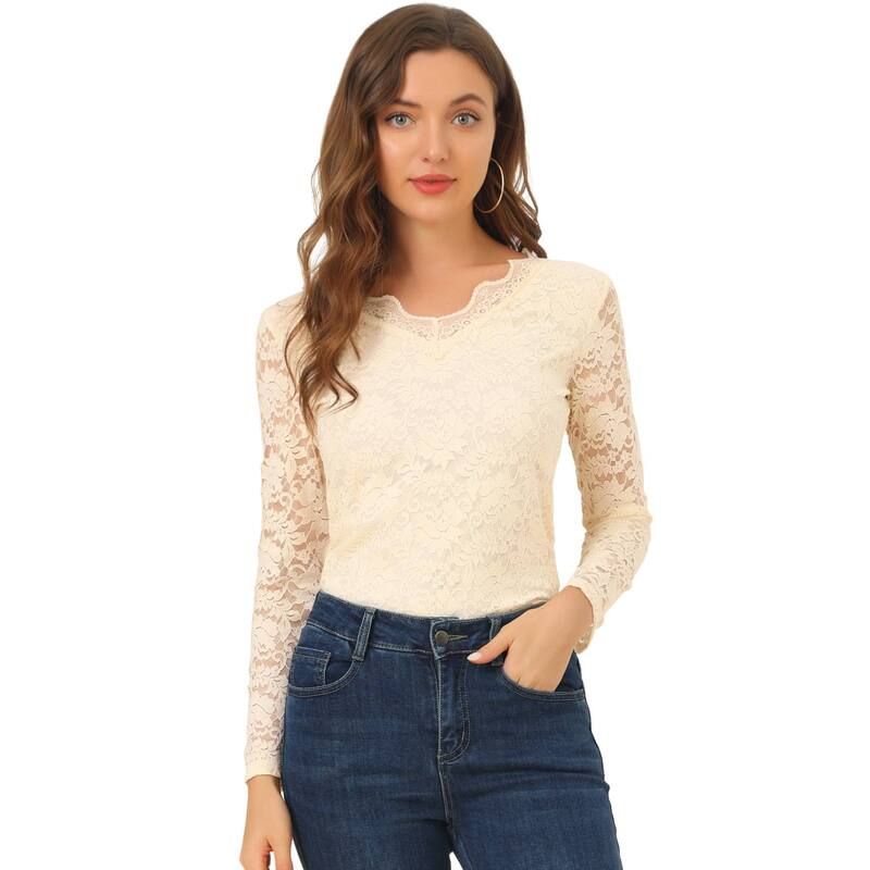 アレグラ ケー レディース トップス シャツ フラワー柄 シアー ブラウス レース フラワー ALLEGRA K Womens Floral Embroidery Sheer Long Sleeves Lace Blouse Top Beige ベージュ