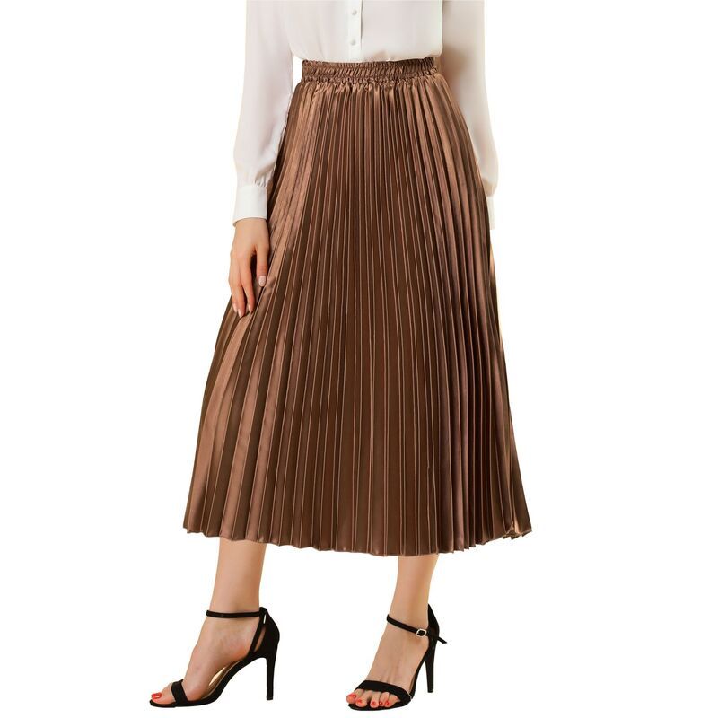 アレグラ ケー レディース ボトムスカート プリーツ ミディ トール ALLEGRA K Womens Elastic Waist Metallic Shiny Accordion Pleated Midi Skirt Brown ブラウン