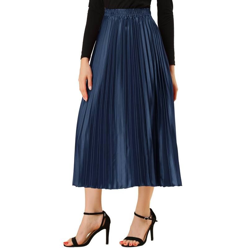 アレグラ ケー レディース ボトムスカート プリーツ ミディ トール ALLEGRA K Womens Elastic Waist Metallic Shiny Accordion Pleated Midi Skirt Dark Blue ブルー