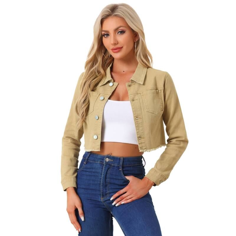 アレグラ ケー レディース アウター ジャケット・ブルゾン クロップド デニム ALLEGRA K Womens Long Sleeves Button up Frayed Hem Croppedenim Jacket Khaki カーキ