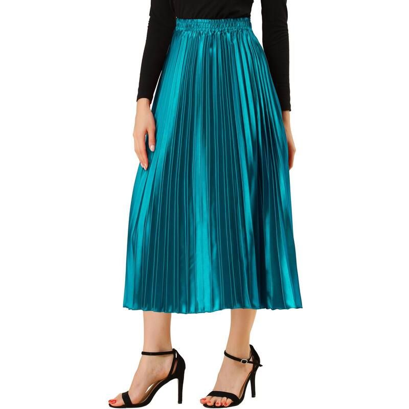 アレグラ ケー レディース ボトムスカート プリーツ ミディ トール ALLEGRA K Womens Elastic Waist Metallic Shiny Accordion Pleated Midi Skirt Peacock Blue ブルー