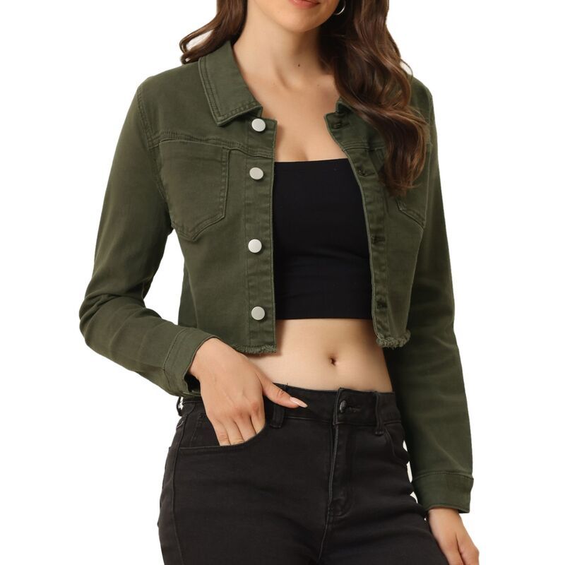 アレグラ ケー レディース アウター ジャケット・ブルゾン クロップド デニム ALLEGRA K Womens Long Sleeves Button up Frayed Hem Croppedenim Jacket Olive Green グリーン