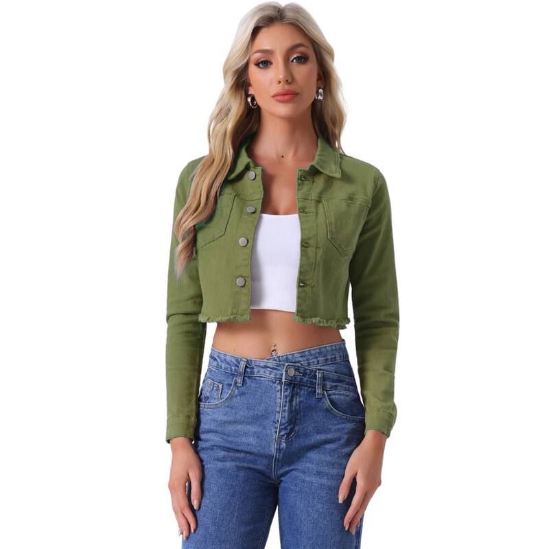 アレグラ ケー レディース アウター ジャケット・ブルゾン クロップド デニム ALLEGRA K Womens Long Sleeves Button up Frayed Hem Croppedenim Jacket Green グリーン