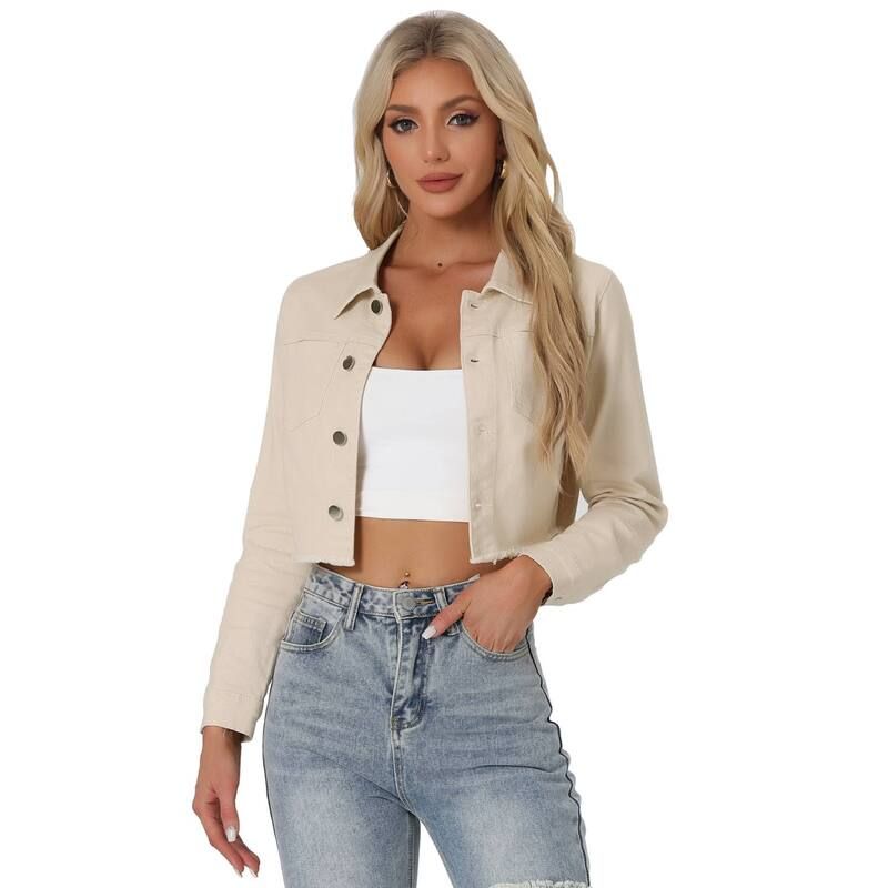 アレグラ ケー レディース アウター ジャケット・ブルゾン クロップド デニム ALLEGRA K Womens Long Sleeves Button up Frayed Hem Croppedenim Jacket Beige ベージュ