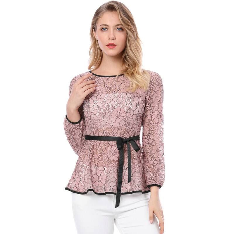 アレグラ ケー レディース トップス シャツ ブラウス レース ALLEGRA K Womens Elegantie Waist Long Sleeve Top Lace Peplum Blouses Pink ピンク