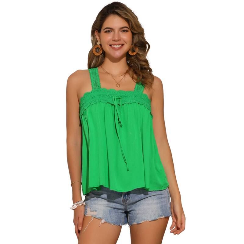 アレグラ ケー レディース トップス Tシャツ フリル ノースリーブ レース ALLEGRA K Casual Sleeveless Top for Women Square Neck Panelace Ruffles Tank Tops Green グリーン